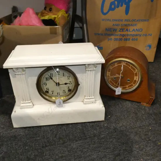 2 MANTLE CLOCKS, WHITE PAINTED AND OTHER