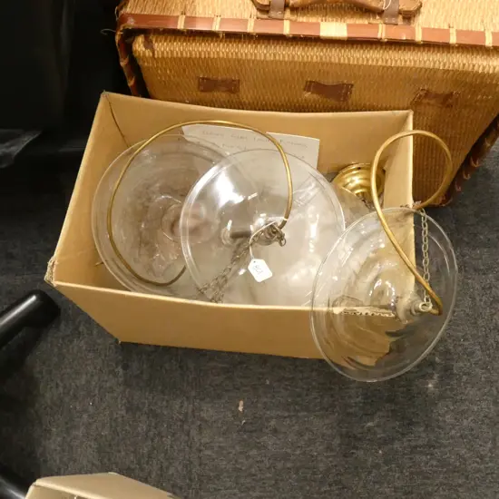 TWO INDIAN ETCHED GLASS LIGTH FITTINGS + SPARE GLASS BOWL