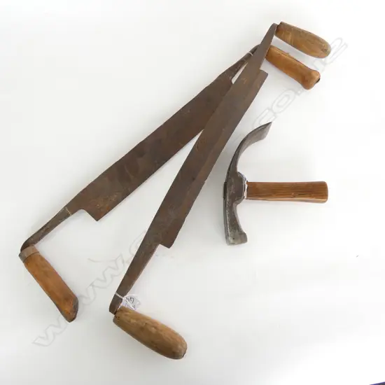 3 COOPERING TOOLS; 2 DRAW KNIVES + SMALL ADZE