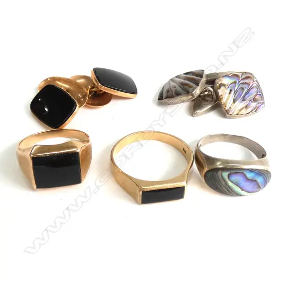 3 MENS RINGS - 2 9CT GOLD, 1  & PR S/S & PAUA CUFFLINKS