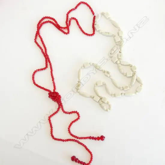 2 GLASS NECKLACES, ONE WHITE & ONE RED