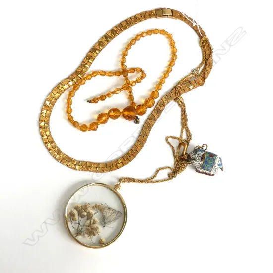 4 VINTAGE NECKLACES, CLOISONNE ELEPHANT, SILK BUTTERFLY, GLASS BEADS & GOLD PLATE THICK LINK CHAIN