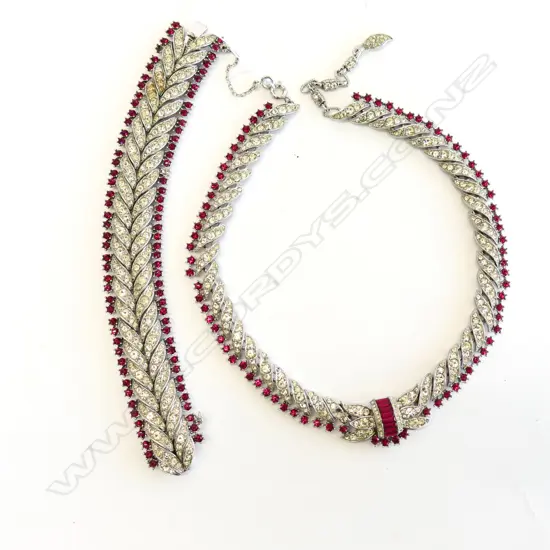ART DECO DIAMANTE & PINK GLASS BRACELET & NECKLACE SET