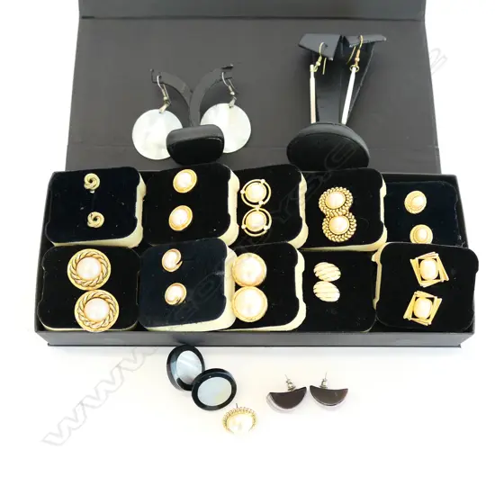 14 PAIRS PIERCED EAR EARRINGS, MOSTLY FAUX PEARL + SOME MOTHER OF PEARL