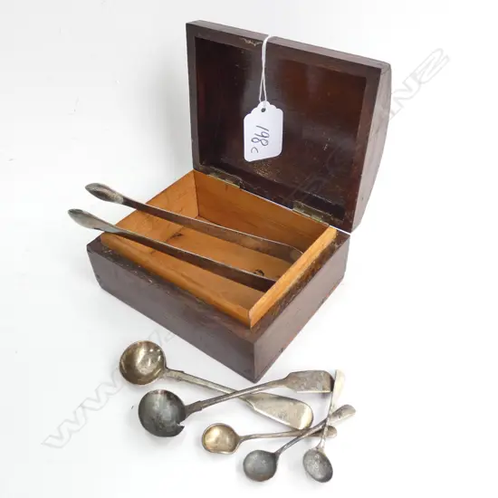 BOX OF STG SILVER ITEMS; 5 SPOONS, TONGS 73 GRAMS
