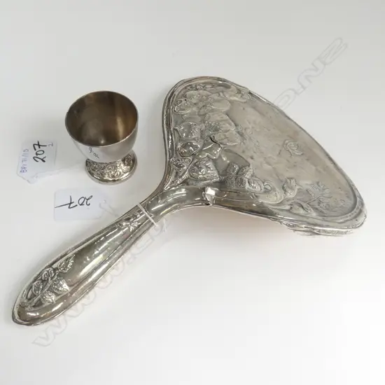 SILVER HANDLED MIRROR & SILVER EGGCUP, EST COMB. WEIGHT 100GM