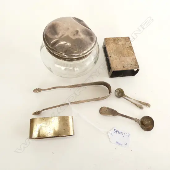 7 ASST STG SILVER ITEMS; MATCH HOLDER, NAPKIN RING, 3 SPOONS, TONGS TOTAL STG WEIGHT 160 GR