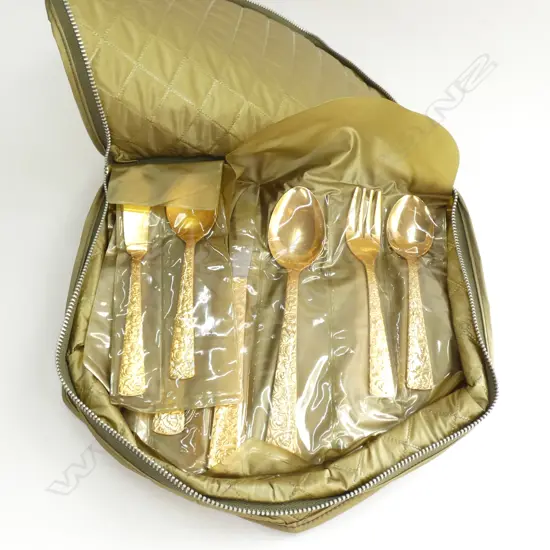 56 PIECE CELLINI ROMANESQUE GOLDEN JAPAN FLATWARE CUTLERY, QUILTED GREEN CASE