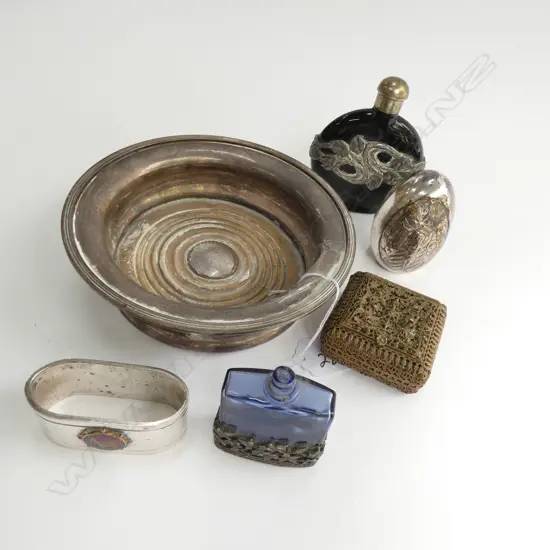 WINE COASTER, 2 BOTTLES, BRASS FILIGREE BOX, T. S. M. V. WANGANELLA NAPKIN RING, 850 MARKED SILVER EGG