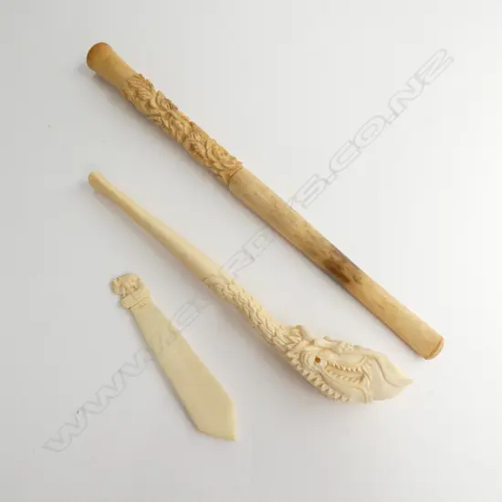2 ORIENTAL CARVED PIPES IVORY & BONE + MINI KNIFE