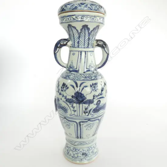 CHINESE B&W VASE, ELEPHANT HEAD HANDLES, H.340MM 