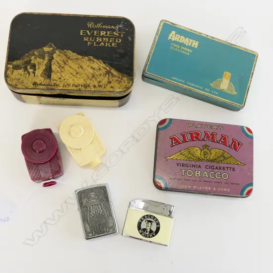 2 VINTAGE BAKELITE VIEWFINDERS, ONE NEW ZEALAND, ONE ENGLAND + 3 TINS & 2 LIGHTERS AF