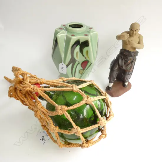 VINTAGE FISHING FLOAT, ART DECO JAPANESE VASE, KUNG FU FIGURE