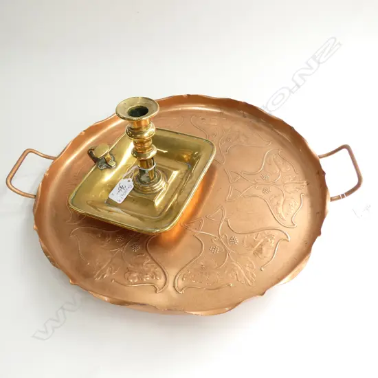 CIRCULAR COPPER ART NOUVEAU TRAY 360MM DIA AND BRASS CANDLESTICK