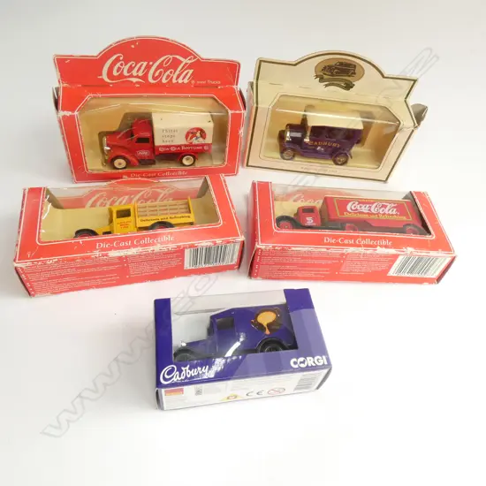 3 DIECAST COCACOLA BRAND TRUCKS + 2 CADBURY CARS