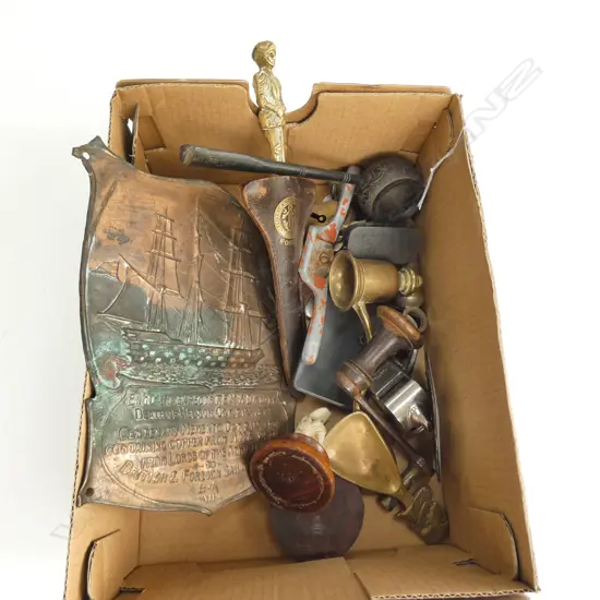 ASSORTED BOY SCOUTS WHISTLES, PIPE, A PLAQUE, LETTER OPENER ETC 