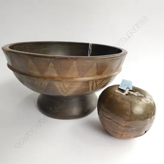 TERRACOTTA BLACK GLAZED FOOTED BOWL & COPPER APPLE