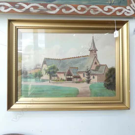 JESSE HOLLOBON, OIL ON PAPER BOARD OF ST. BARNABAS CHURCH IN FENDALTON NZ, 56X37 CM.
