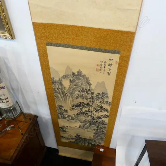 OLD CHINESE SCROLL PAINTED MOUNTAINS BAMBOO..