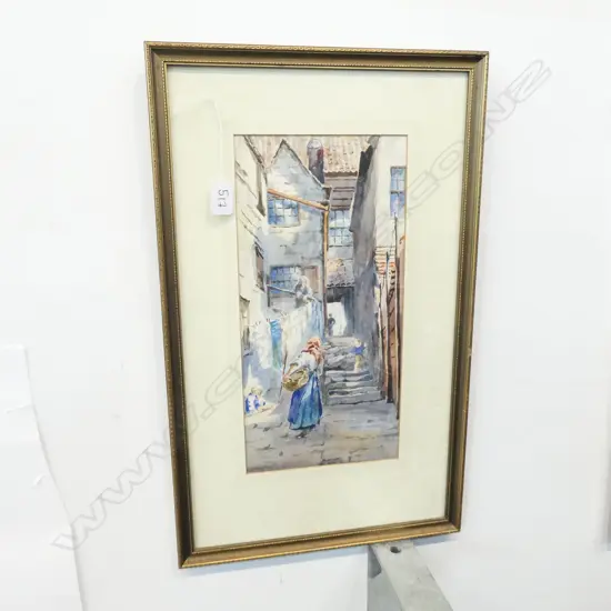ARTIST UNKNOWN, WATERCOLOUR, COURTYARD WITH WASHERWOMAN 375 X 180mm
