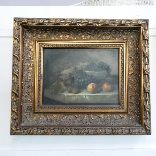 STILL LIFE FRUIT OIL ON BOARD IN GILT FRAME 625 X 565MM
