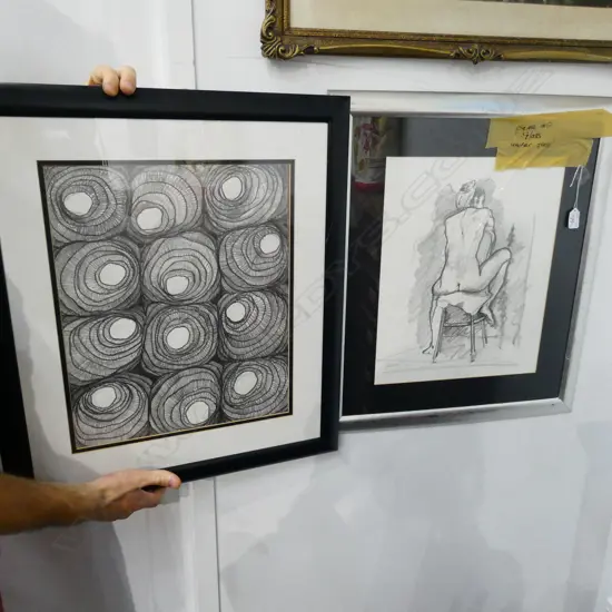 2 FRAMED PENCIL DRAWINGS. NUDE & RADIATING FORMS...