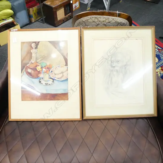 PENCIL DRAWING 'WIG FOR KING LEAR' + M WALKER W/C STILL LIFE 1939 625 X 500MM