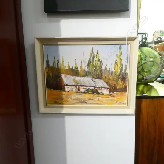 CHARLES MCKENZIE, OIL ON BOARD "CHINESE GOLDMINERS) BUILDINGS AT BUTCHERS DAM, CENTRAL OTAGO", 29X39CM