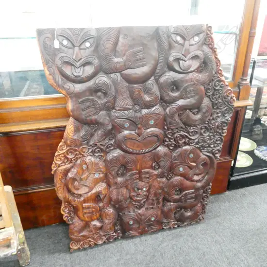 CARVED WOODEN MAORI PANEL L. 1220MM W. 1000MM