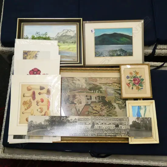 COLLECTION OF BOTANTICAL PRINTS, SCHOOL PHOTOGRAPH, TAPESTRY, PASTEL AND OIL