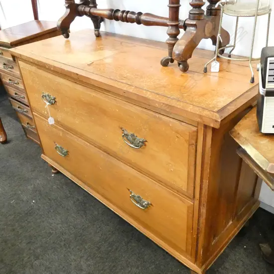 COLONIAL RIMU CHEST OF 2 DRAWERS WITH ORIGNIAL HANDLES ALL RIMU INTERIOR & SHORT TURNED FEET