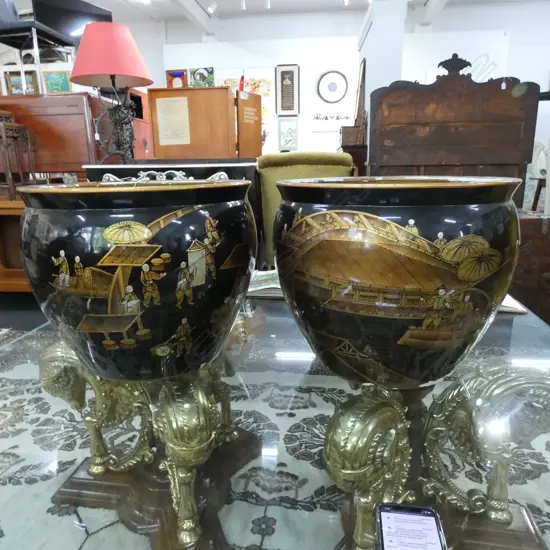 PR OF LGE CHINOISERE DECORATED JARDINIERES