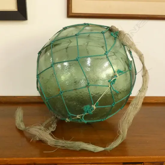 OLD LARGE GLASS FISHING FLOAT WITH NETTING Dia.380mm