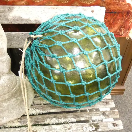 OLD LARGE GLASS FISHING FLOAT WITH NETTING Dia.410mm