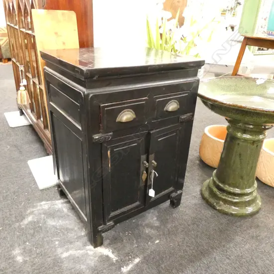 BLACK LACQUER CHINESE CABINET H. 720MM MINOR DAMAGE TO DOOR AND PIN MISSING