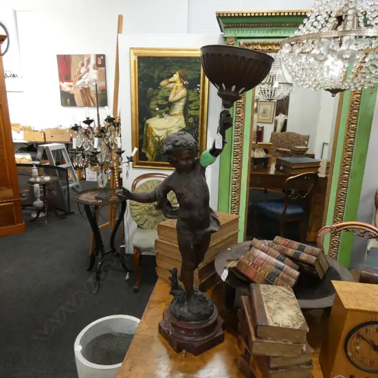 SPELTER CHERUB LAMP ON MARBLE BASE ARM AF H. 810MM