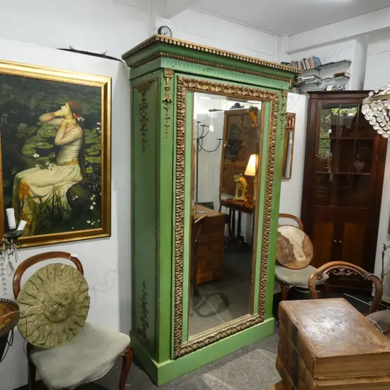 GREEN AND GILT WARDROBE WITH BEVELLED MIRROR H. 2040 W. 1140MM