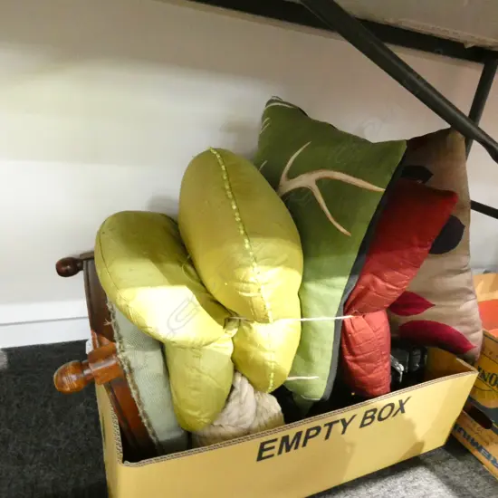 BOX LOT ASST. ITEMS; STOOL, LANTERN, TASSELS, CUSHIONS ETC