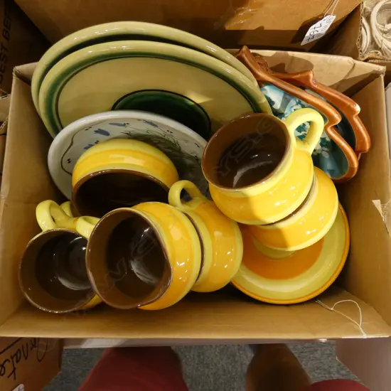 ASST. POTTERY: YELLOW STRIPED TEA SET ETC