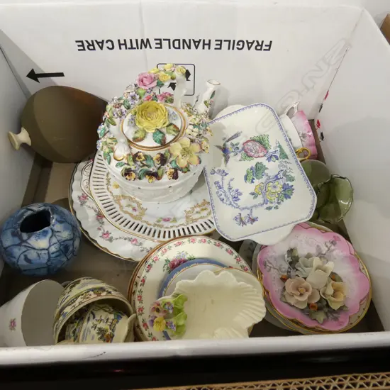 ASSORT. PORCELAIN PLATES, CUPS AND SOUCERS , TEA POT + OTHERS