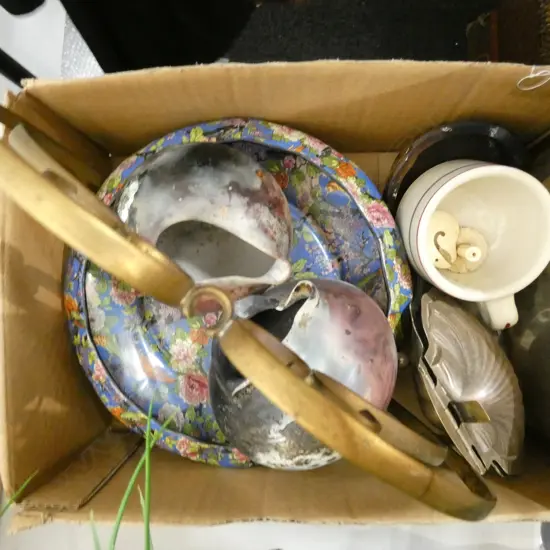 ASSORT. MISCELLANEOUS ITEMS ICLUDING SILVER PLATE, PORCELAIN & POTTERY