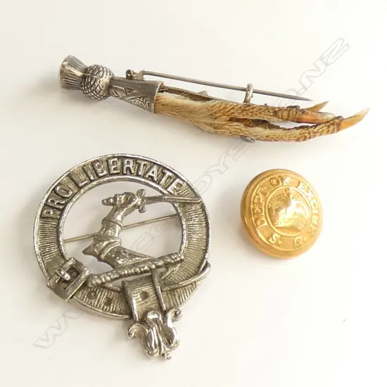 FALCON CLAW KILT CLASP, WALLACE CLAN GARTER BADGE + EXCISE BUTTON