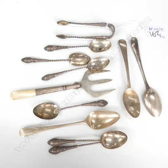 9 STG SILVER TEA SPOONS + TONGS AND FORK TOTAL WEIGHT 111 GRAMS