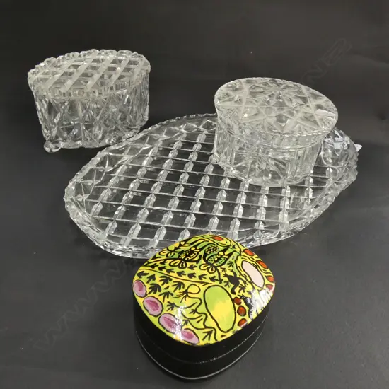 2 CRYSTAL VANITY CONTAINERS & TRAY, PLUS ONE OTHER BLACK JEWELLERY BOX