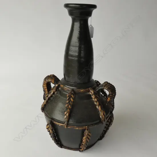 LARGE POTTERY URN BLACK GLAZE & CANE DETAIL HT 410 MM