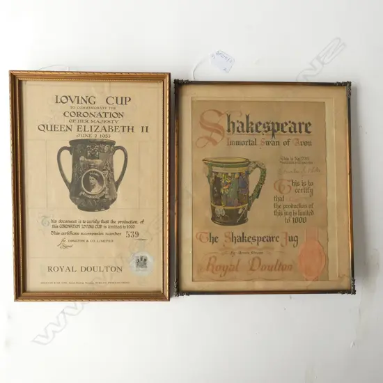 2 FRAMED ROYAL DOULTON CERTIFICATES H. 330MM