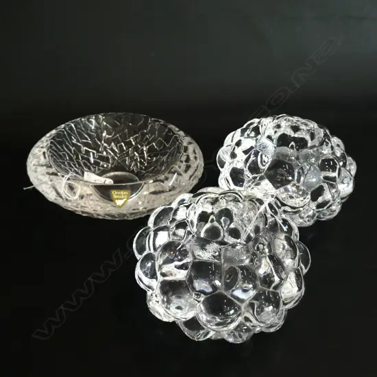 ORREFUS GLASS DISH + PR OF CANDLE STICKS