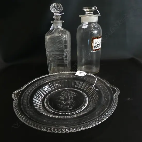PRESSED GLASS PLATE, DECANTER, CHEMIST JAR WITH STOPPER