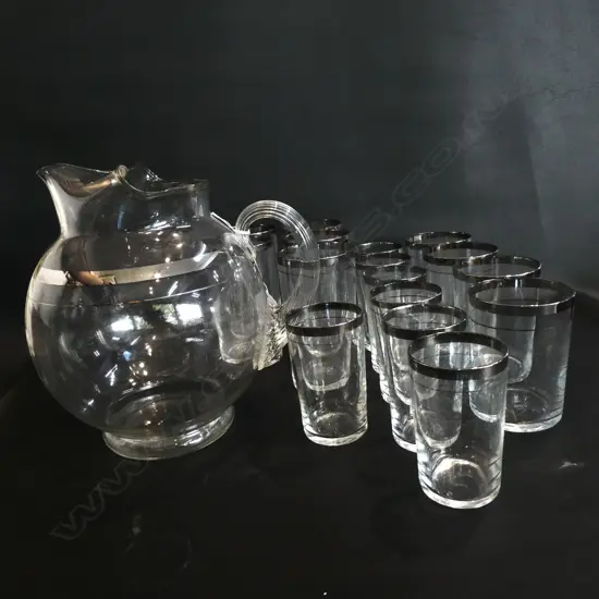 16 SILVER RIMMED GLASSES + PITCHER