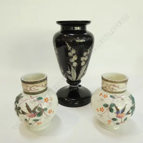 3 VICTORIAN MILK GLASS VASES LARGEST WITH SMALL RIM CHIP H. 210MM